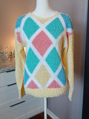 VTG 80s Susanne Kent Sweater Sz L Easter Colors Yellow White Mint Blue Coral